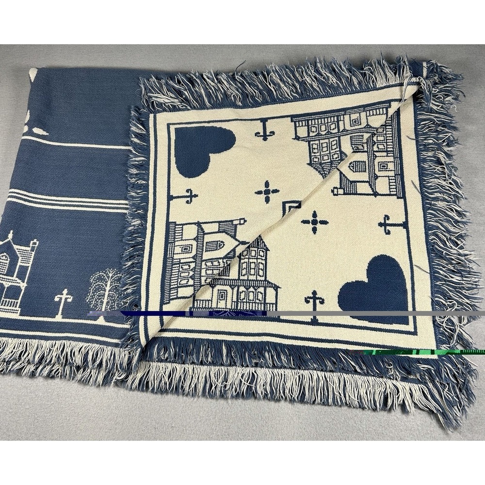VTG Cottagecore Tapestry Throw Blanket Victorian Houses Hearts 90's 62"x46"